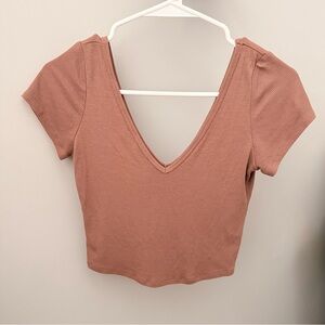 Bozzolo V-Neck Ribbed Crop Top - Brown